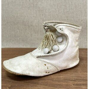 Vintage Antique White Leather Childrens Child Button Shoe With Tassle